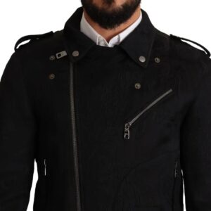 Black Brocade Full Zip Biker Coat Jacket
