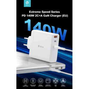 DEVIA CARICA BATTERIE PD DA 140 WATT GAN 2 USCITE TIPO-C ED UNA USB A
