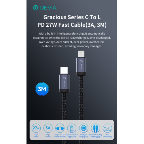 DEVIA CAVO CARICA RAPIDA DA C A LIGHTNING PD 27W 3A 3 METRI NERO