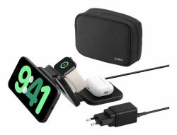 Belkin BoostCharge Pro Cuffie, Smartphone, Orologio intelligente Nero AC, USB Carica wireless Ricarica rapida Interno (BOOST CHARGE PRO QI2 3IN1 - MAGN REISELADEGERT 15W SCHWARZ)