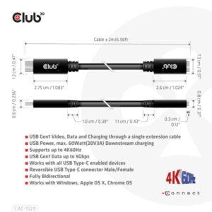 CLUB3D USB C GEN1 EXT CABLE 5GBPS 4K60HZ M/F 1M cavo USB 2 x USB C