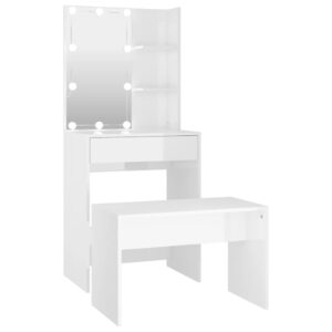 Set Tavolo da Toeletta Bianco Lucido con LED Legno Multistrato