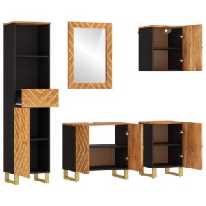 Set Mobili da Bagno 5pz Marrone e Nero Legno Massello di Mango
