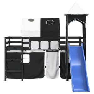 Letto a Soppalco con Torre Bambini Bianco e Nero 80x200cm Pino