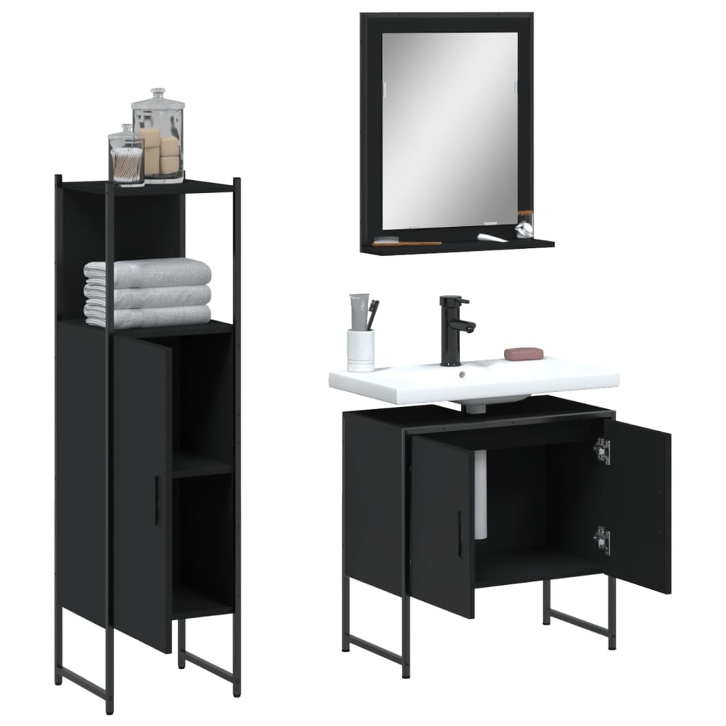 Set di Mobili da Bagno 3 pz Nero in Legno Multistrato