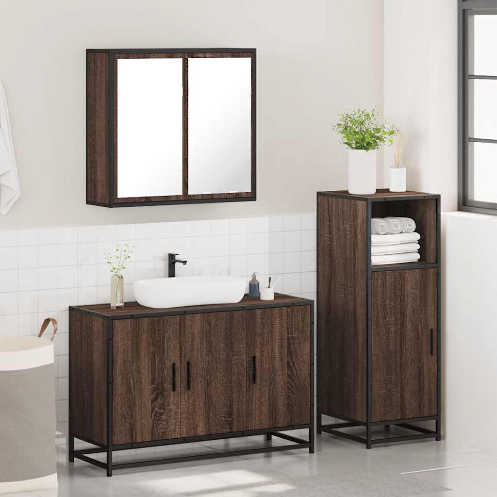 Set Mobili da Bagno 3 pz Rovere Marrone in Legno Multistrato