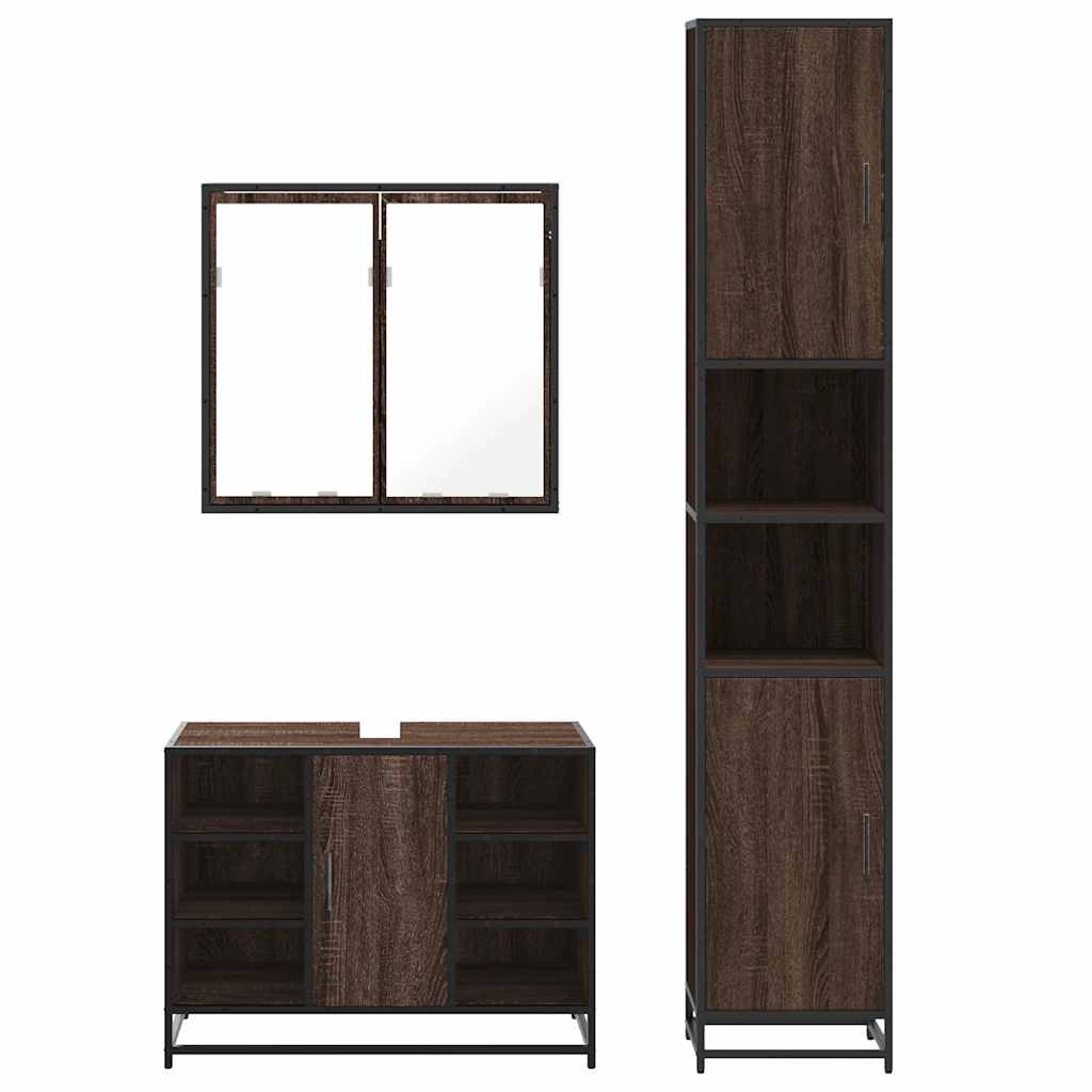 Set Mobili da Bagno 3 pz Rovere Marrone in Legno Multistrato