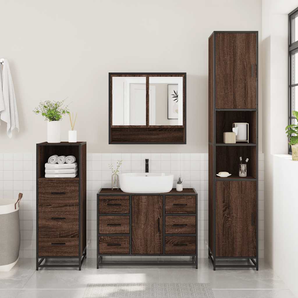 Set Mobili da Bagno 3 pz Rovere Marrone in Legno Multistrato