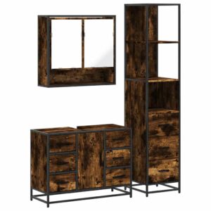 Set Mobili da Bagno 3 pz Rovere Fumo in Legno Multistrato