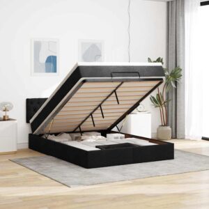 Pouf Letto con Materasso e LED Nero 140x200 cm in Tessuto