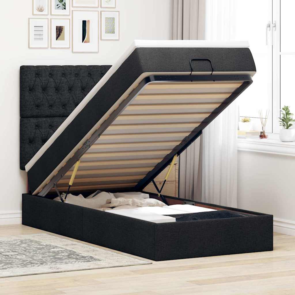 Struttura Letto Pouf con Materasso Nero 90x200 cm in Tessuto