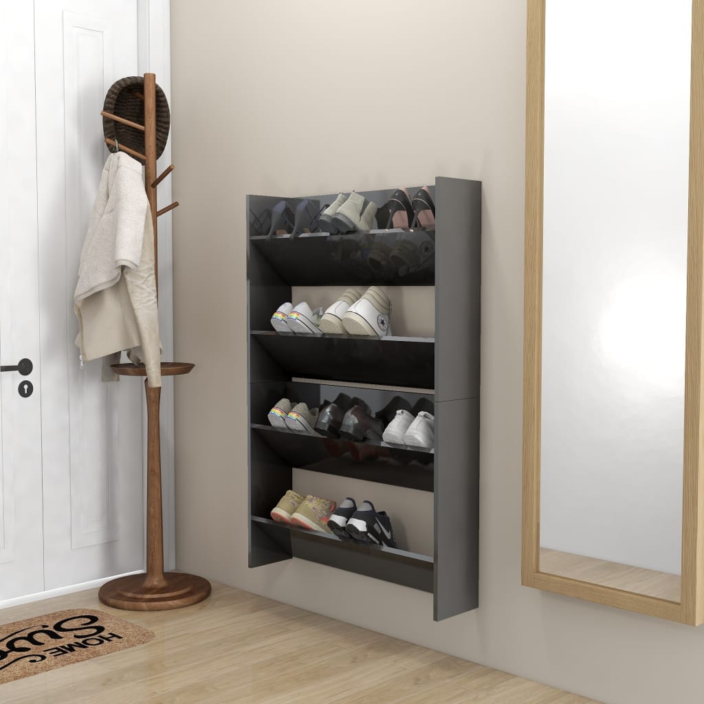 Scarpiere a Muro 2pz Grigio Lucido 80x18x60cm Legno Multistrato