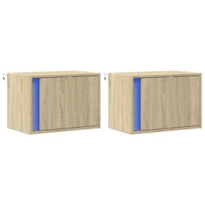 Comodini a Parete con luci LED 2 pz Rovere Sonoma