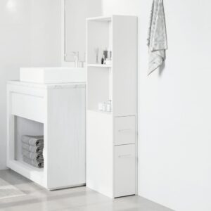 Armadietto da Bagno Stretto con Ruote Bianco in Truciolato