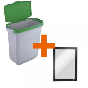 Durable DURABIN Plastic Waste Recycling Bin 60 Litre Grey with Green Hinged Lid & Black A5 DURAFRAME Self-Adhesive Sign Holder - VEH2023006 DD