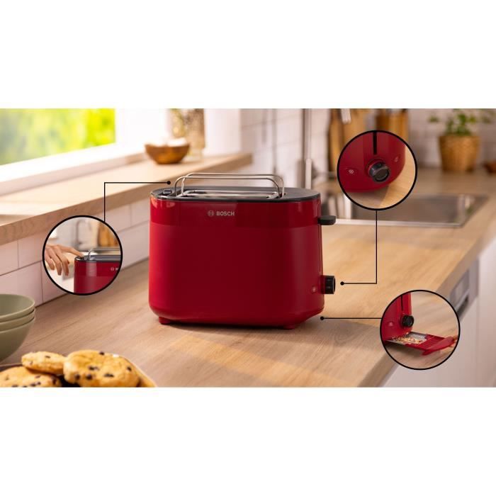Tostapane - BOSCH - TAT2M124 MyMoment - Rosso - 2 fette - centraggio automatico del pane - funzioni di scongelamento e riscaldamento