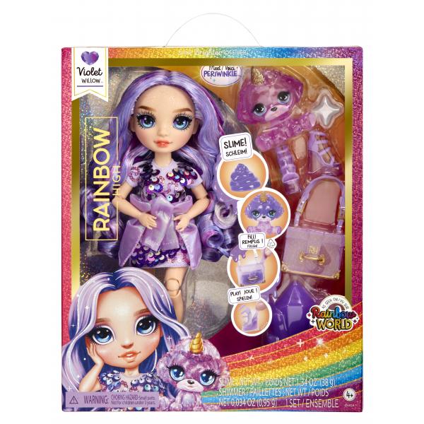 Bambola arcobaleno di alta moda con kit di slime e animale domestico - Viola (Viola) - Bambola glitterata da 28 cm con kit di slime