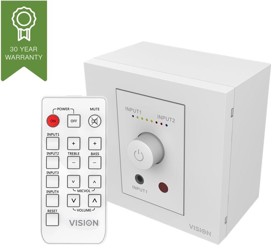 Vision Techconnect Faceplate Audioverstärker mit Lautsprechern - LEBENSLANGE GARANTIE - 2 x 25 W (RMS @ 8 Ohm) - Zwei Eingänge (Eingang 1 an der Vorderseite dupliziert) - Fernbedienung - schaltet auf voreingestelltem Pegel ein oder setzt die vorherige Lau (TC3-AMP+)