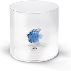 WD Lifestyle - Bicchiere in Vetro Borosilicato 250ml con Soggetto in Vetro Colorato Interno (Pesce Azzurro)