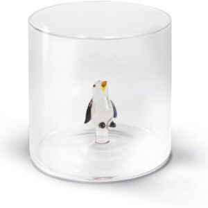 WD Lifestyle - Bicchiere in Vetro Borosilicato 250ml con Soggetto in Vetro Colorato Interno (Pinguino)