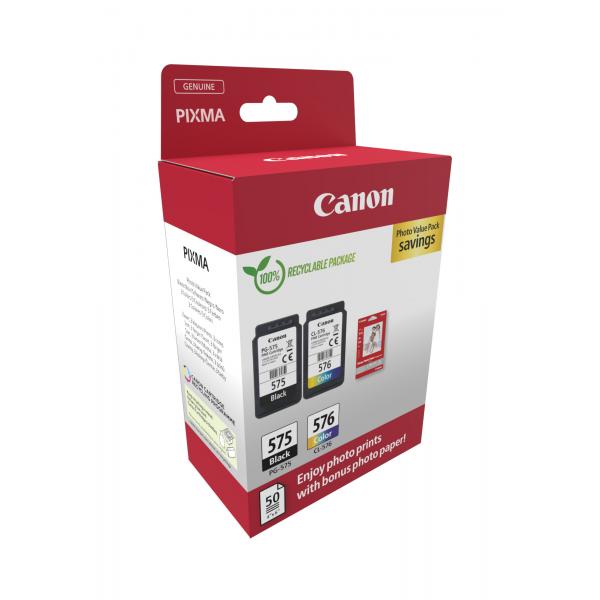 ORIGINAL Canon Value Pack nero / differenti colori / Bianco PG-575+CL-576 + 10x15 cm Fotopapier 50 Blatt ~200 Seiten