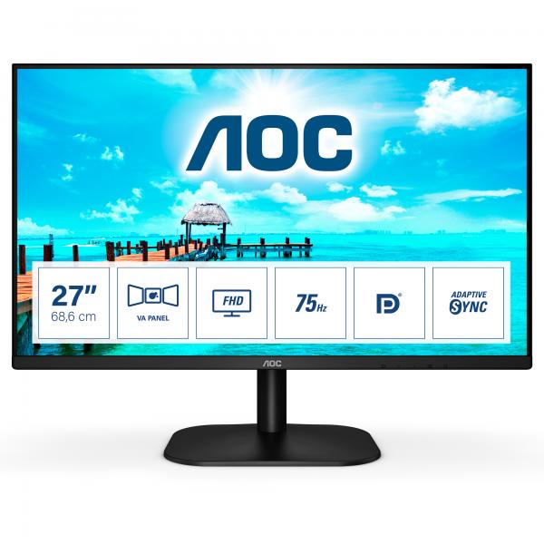 Aoc monitor 27`` led va 27b2qam 1920 x1080 full hd tempo di risposta 4 ms 75 hz, vga, hdmi, displayport, nero