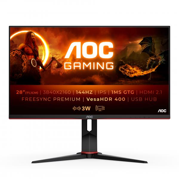 Aoc gaming u28g2xu2/bk 28 led ips uhd 16:9 144 hz 1 ms contrasto 1.000:1 freesync premium pro hdr400 hdmi 2.1 displayport usb hub nero/rosso