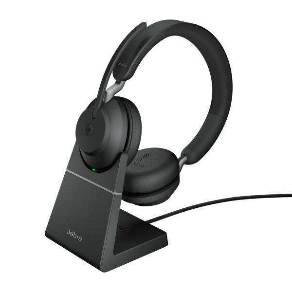 Jabra evolve2 65 cuffie con supporto di ricarica certificate per microsoft teams e con funzione noise cancelling batteria a lunga durata adattatore bluetooth usb-a nero