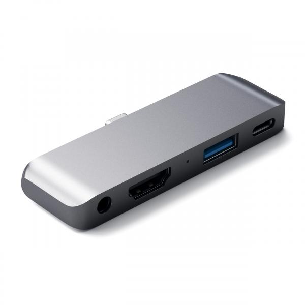 Satechi adattatore pro hub portatile tipo c in alluminio con carica usb-c pd 4k hdmi usb 3.0 e jack cuffie da 35 mm - compatibile con ipad pro 2018 microsoft surface go e altri (grigio siderale)