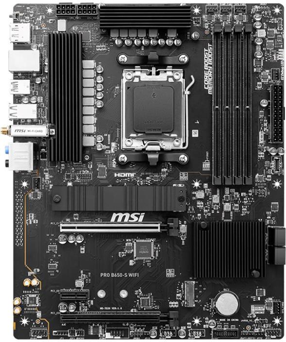 MSI PRO B650-S WIFI - Motherboard - ATX - Socket AM5 - AMD B650 Chipsatz - USB 3,2 Gen 1, USB 3,2 Gen 2, USB-C 3,2 Gen2, USB-C 3,2 Gen 2x2 - 2,5 Gigabit LAN, Wi-Fi 6E, Bluetooth - Onboard-Grafik (CPU erforderlich) - HD Audio (8-Kanal) (7E26-003R)