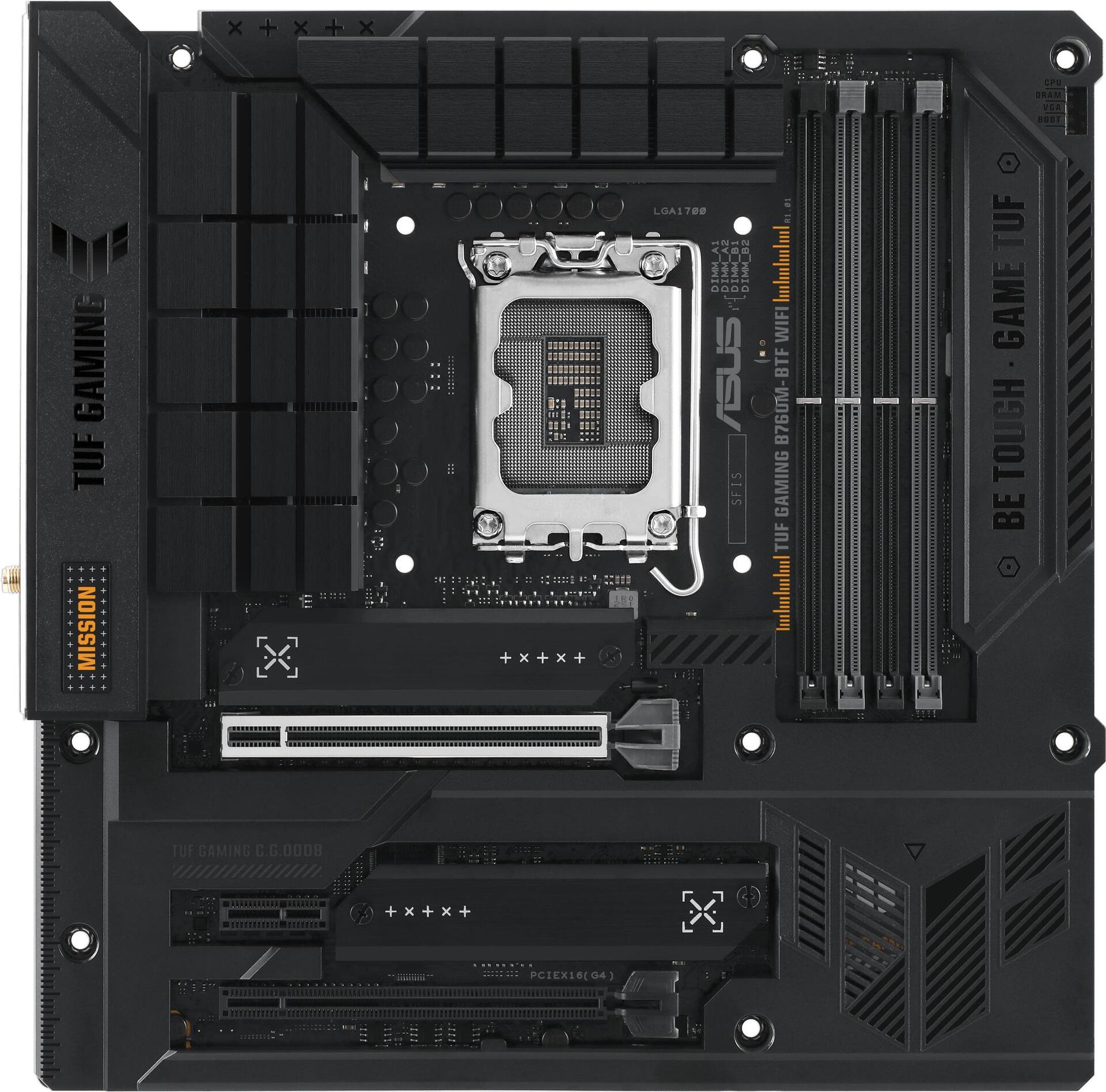 ASUS TUF GAMING B760M-BTF WIFI - Motherboard - micro ATX - LGA1700-Sockel - B760 Chipsatz - USB 3,2 Gen 1, USB 3,2 Gen 2, USB-C 3,2 Gen 2x2, USB-C 3,2 Gen 1 - 2,5 Gigabit LAN, Wi-Fi 6, Bluetooth - Onboard-Grafik (CPU erforderlich) - HD Audio (8-Kanal) (90MB1G50-M0EAY0)
