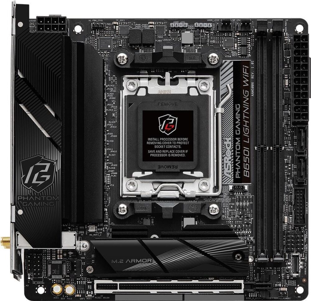 ASRock Phantom Gaming B650I Lightning WiFi - Motherboard - Mini-ITX - Socket AM5 - AMD B650 Chipsatz - 2,5 Gigabit LAN, Wi-Fi 6E, Bluetooth - Onboard-Grafik (CPU erforderlich) - HD Audio (8-Kanal) (90-MXBMP0-A0UAYZ)