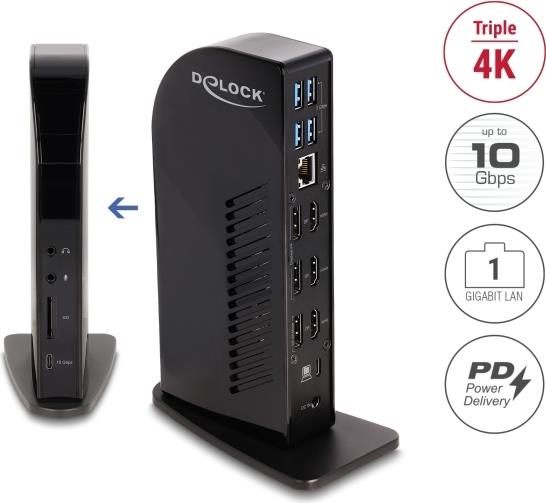 Delock - Dockingstation - USB-C / Thunderbolt 3 / Thunderbolt 4 - 3 x HDMI, 3 x DP - 1GbE - 135 Watt (88051)