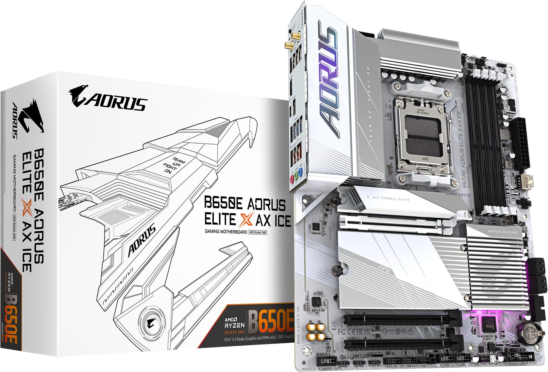 GIGABYTE AORUS B650E ELITE X AX ICE - Motherboard - ATX - Socket AM5 - AMD B650 Chipsatz - USB-C 3,2 Gen2, USB 3,2 Gen 2, USB 3,2 Gen 1, USB-C 3,2 Gen 2x2 - 2,5 Gigabit LAN, Wi-Fi 6E, Bluetooth - Onboard-Grafik (CPU erforderlich) - HD Audio (8-Kanal) (B650E A ELITE X ICE)