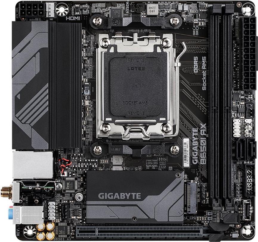 Gigabyte B650I AX - 1,0 - Motherboard - Mini-ITX - Socket AM5 - AMD B650 Chipsatz - USB 3,2 Gen 1, USB-C 3,2 Gen 1, USB 3,2 Gen 2 - 2,5 Gigabit LAN, Wi-Fi 6E, Bluetooth - Onboard-Grafik (CPU erforderlich) - HD Audio (8-Kanal) (B650I AX)