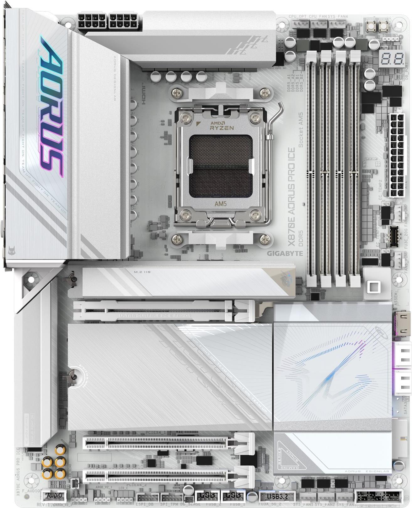 GIGABYTE AORUS X870E PRO ICE - Motherboard - ATX - Socket AM5 - AMD X870E Chipsatz - USB-C 3,2 Gen 2x2, USB4, USB 3,2 Gen 1, USB 3,2 Gen 2 - 2,5 Gigabit LAN, Bluetooth, Wi-Fi 7 - Onboard-Grafik (CPU erforderlich) - HD Audio (8-Kanal) (X870E AORUS PRO ICE)