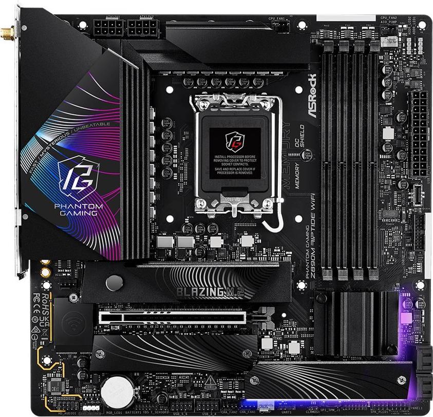 ASRock Phantom Gaming Z890M RIPTIDE WIFI - Motherboard - micro ATX - LGA1851-Sockel - Z890 Chipsatz - USB4, USB 3,2 Gen 2, USB 3,2 Gen 1 - 5 Gigabit Ethernet, Wi-Fi 6E, Bluetooth - Onboard-Grafik (CPU erforderlich) - HD Audio (8-Kanal) (90-MXBPK0-A0UAYZ)