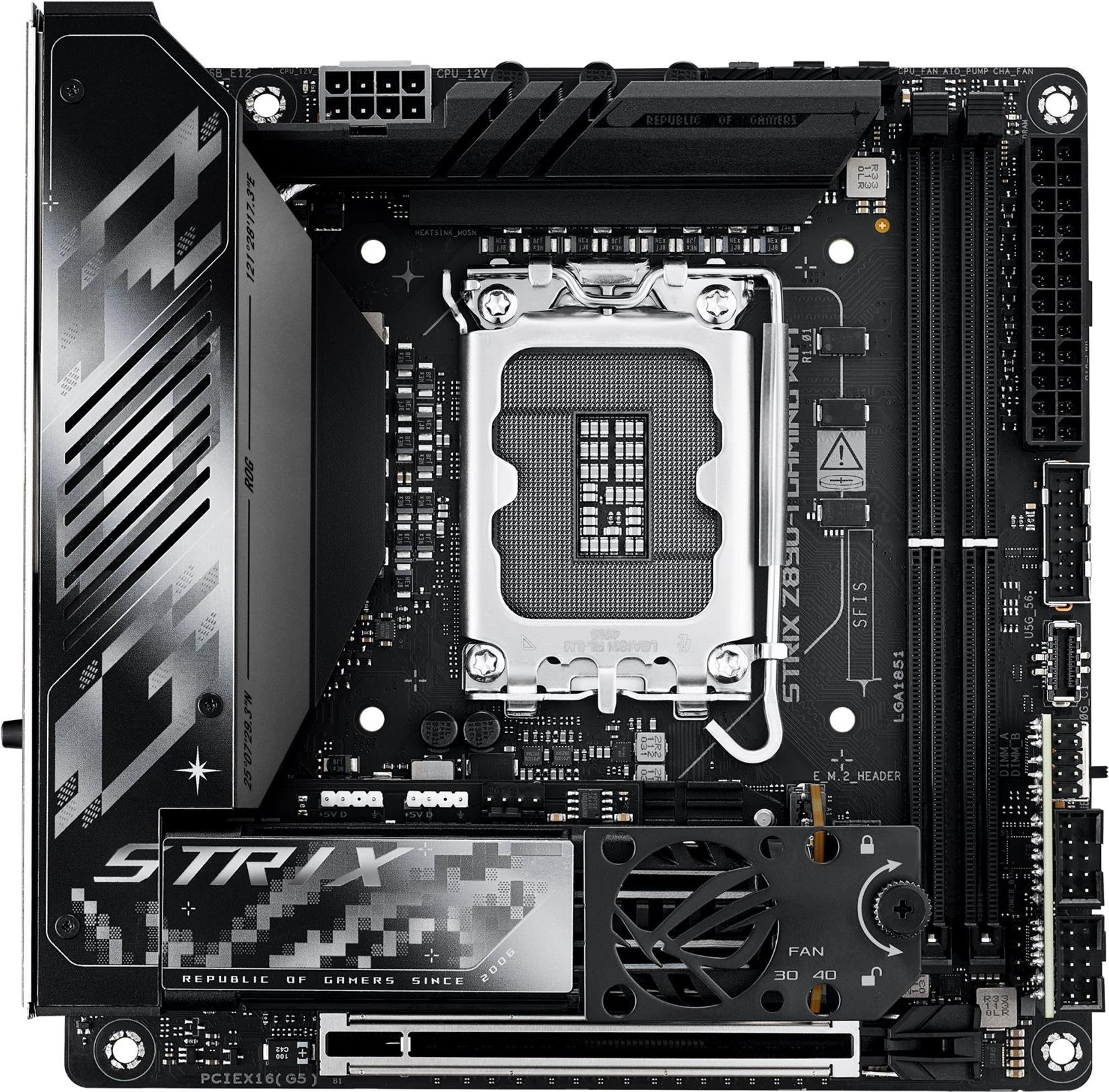 ASUS ROG STRIX Z890-I GAMING WIFI - Motherboard - Mini-ITX - LGA1851-Sockel - Z890 Chipsatz - USB4, USB-C 3,2 Gen 2x2, USB 3,2 Gen 1, USB 3,2 Gen 2 - Wi-Fi 7, Bluetooth, 2,5 Gigabit LAN - Onboard-Grafik (CPU erforderlich) - HD Audio (8-Kanal) (90MB1IC0-M0EAY1)