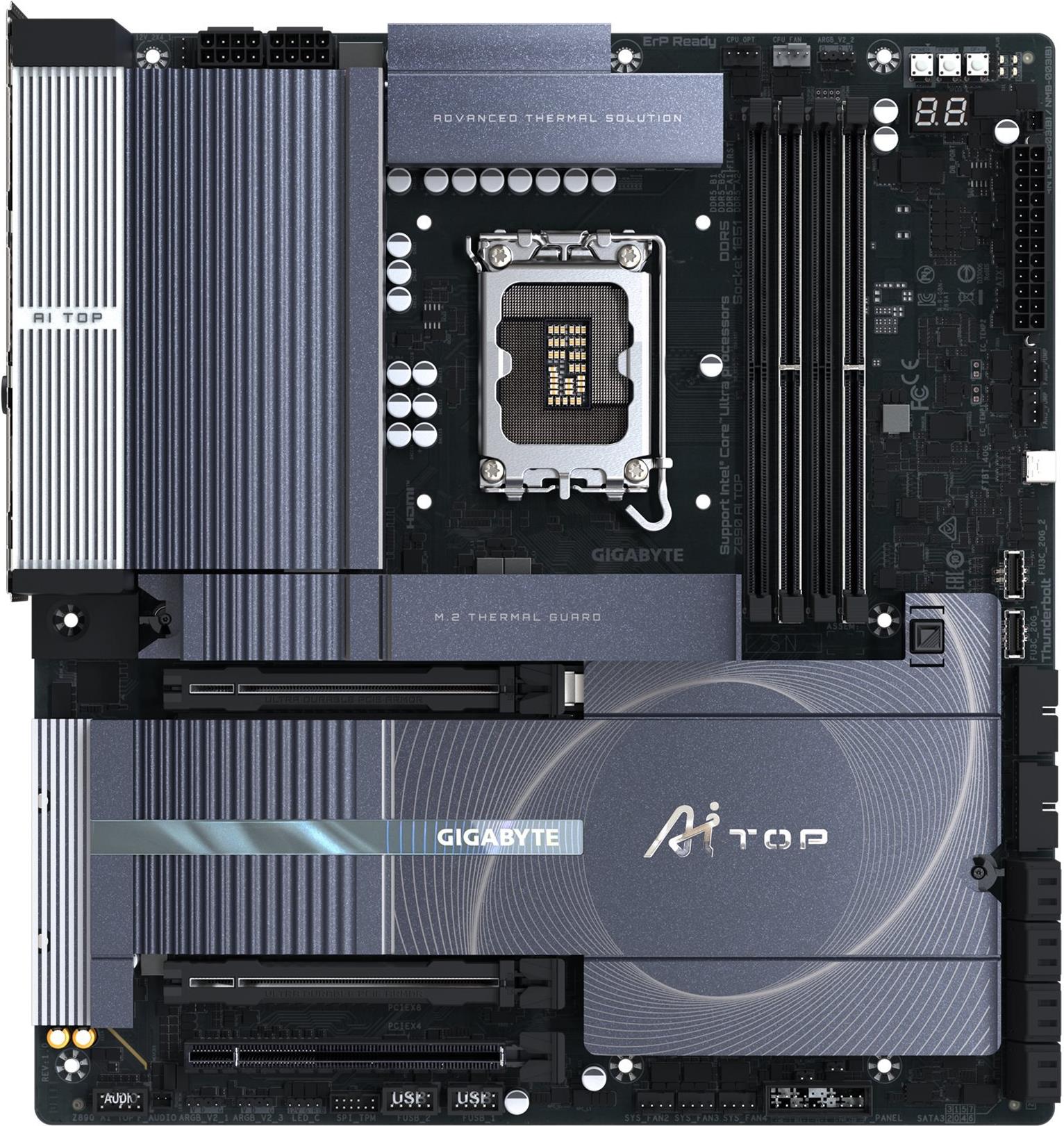 Gigabyte Z890 AI TOP - Motherboard - ATX - LGA1851-Sockel - Z890 Chipsatz - USB4, USB 3,2 Gen 2, USB 3,2 Gen 1, USB-C 3,2 Gen 2x2 - 2 x 2,5 Gigabit LAN, Bluetooth, Wi-Fi 7 - Onboard-Grafik (CPU erforderlich) - HD Audio (8-Kanal) (Z890 AI TOP)