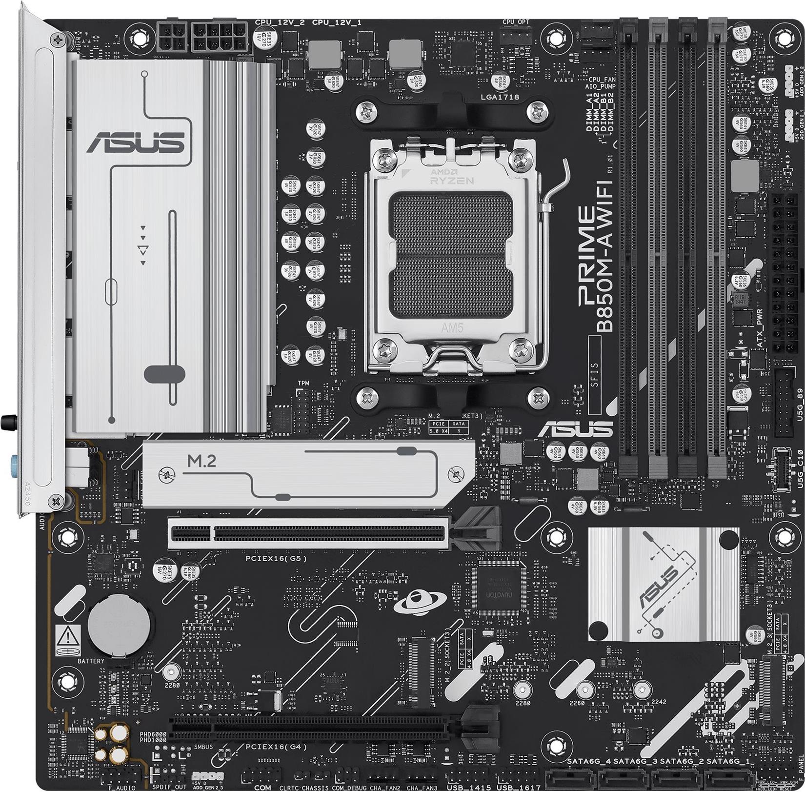 ASUS PRIME B850M-A WIFI - Motherboard - micro ATX - Socket AM5 - AMD B850 Chipsatz - USB 3.2 Gen 2, USB 3.2 Gen 1, USB-C 3.2 Gen 1 - Wi-Fi 6E, Bluetooth, 2.5 Gigabit LAN - Onboard-Grafik (CPU erforderlich) (90MB1LN0-M0EAY0)