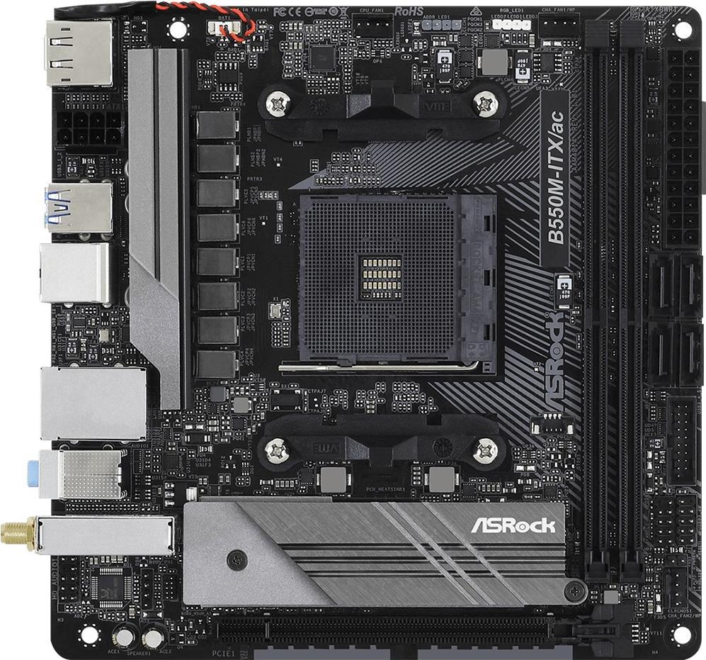 ASRock B550M-ITX/ac - Motherboard - Mini-ITX - Socket AM4 - AMD B550 Chipsatz - USB-C Gen1, USB 3,2 Gen 1 - Bluetooth, Gigabit LAN, Wi-Fi - Onboard-Grafik (CPU erforderlich) - HD Audio (8-Kanal) (90-MXBDH0-A0UAYZ)