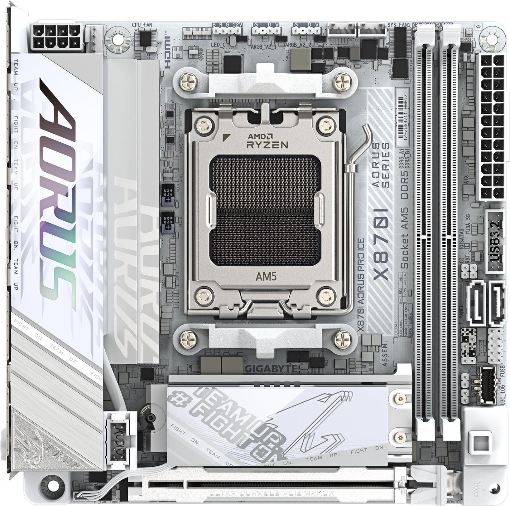 GIGABYTE AORUS X870I PRO ICE - Motherboard - Mini-ITX - Socket AM5 - AMD X870 Chipsatz - USB4, USB-C 3,2 Gen2, USB 3,2 Gen 2, USB 3,2 Gen 1 - Wi-Fi 7, 2,5 Gigabit LAN, Bluetooth - Onboard-Grafik (CPU erforderlich) - HD Audio (8-Kanal) (X870I AORUS PRO ICE)