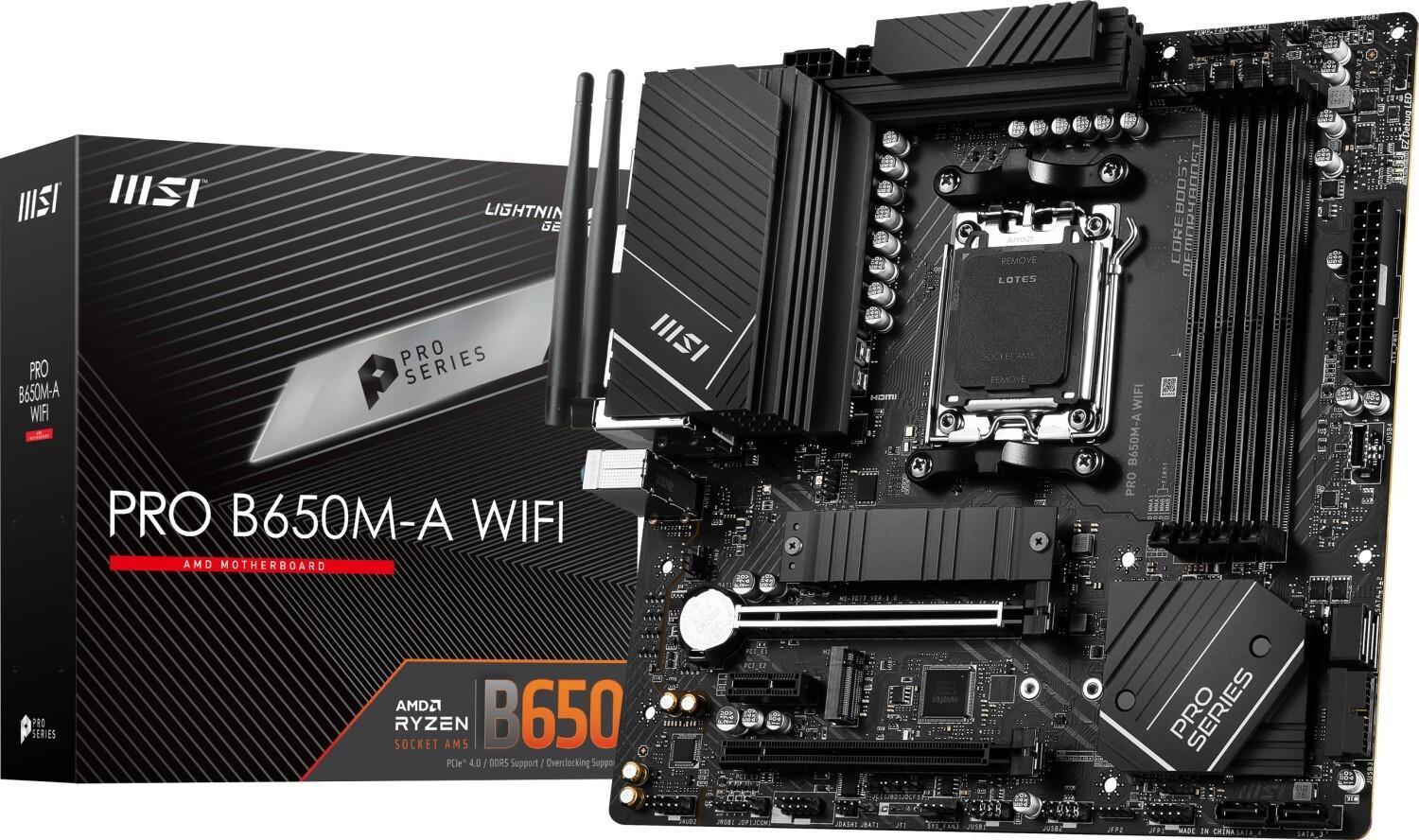 MSI PRO B650M-A WIFI - Motherboard - Mini-ATX - Socket AM5 - AMD B650 Chipsatz - USB 3,2 Gen 1, USB 3,2 Gen 2, USB-C 3,2 Gen2 - 2,5 Gigabit LAN, Wi-Fi, Bluetooth - Onboard-Grafik (CPU erforderlich) - HD Audio (8-Kanal) (7D77-001R)