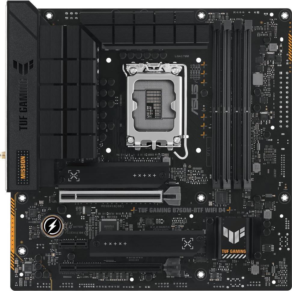 ASUS TUF GAMING B760M-BTF WIFI D4 - Motherboard - micro ATX - LGA1700-Sockel - B760 Chipsatz - USB 3,2 Gen 1, USB 3,2 Gen 2, USB-C 3,2 Gen2, USB-C 3,2 Gen 2x2, USB-C 3,2 Gen 1 - 2,5 Gigabit LAN, Wi-Fi 6, Bluetooth - Onboard-Grafik (CPU erforderlich) - High Definition Audio (7,1-Channel) (90MB1E50-M0EAY0)