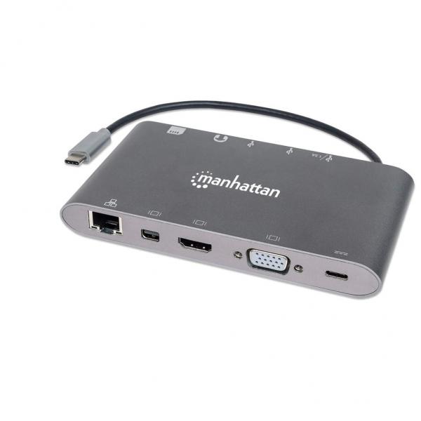 Manhattan 152808 replicatore di porte e docking station per laptop Cablato USB 3.2 Gen 1 [3.1 Gen 1] Type-C Argento (USB-C DOCK/HUB/READER 8-PORT- - AUD/HDMI/RJ45/USB-A/USB-C/VGA PD)