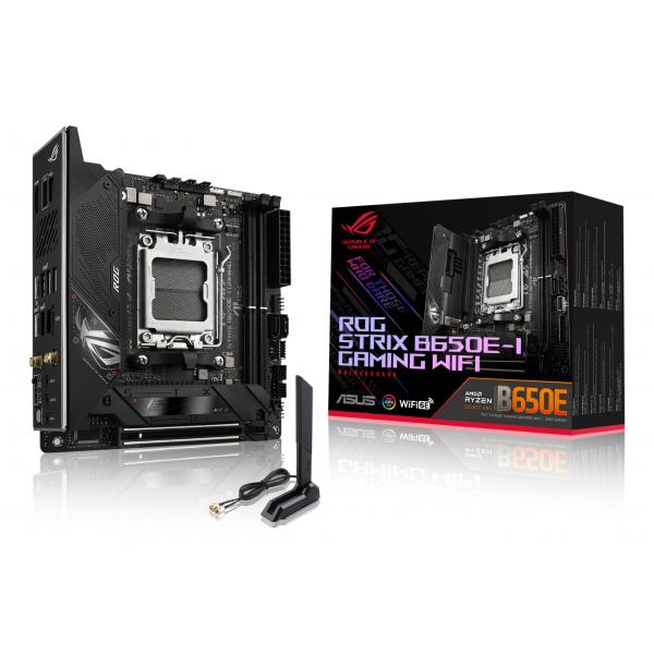 ASUS ROG STRIX B650E-I GAMING WIFI AMD B650 Socket AM5 mini ITX (ASUS ROG Strix B650E-I Gaming WiFi - Motherboard - mini ITX - Socket AM5 - AMD B650 Chipset - USB-C 3.2 Gen 2x2, USB-C 3.2 Gen2, USB 3.2 Gen 2, USB 3.2 Gen 1 - 2.5 Gigabit LAN, Wi-Fi 6E - onboard graphics [CPU required] - HD Audio [8-channel])