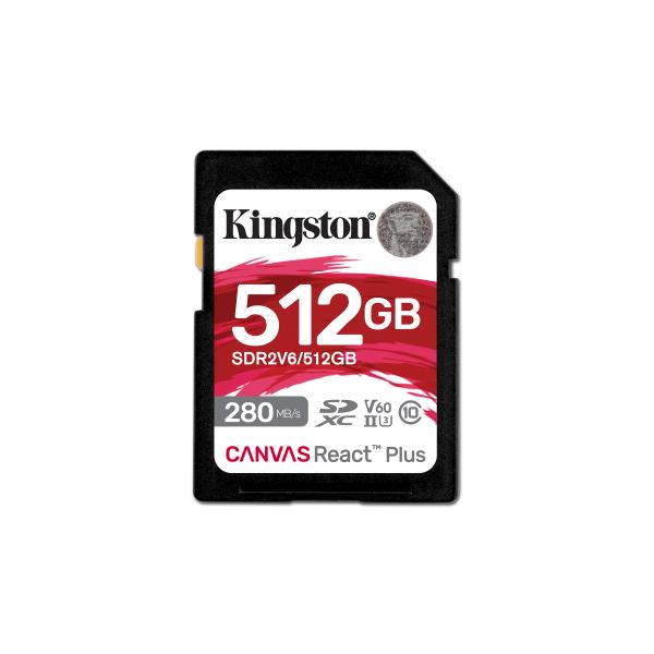 Kingston Technology 512GB Canvas React Plus SDXC UHS-II 280R/150W U3 V60 for Full HD/4K (512GB SDXC CANVAS REACT PLUS U3 - UHS-II 280R/150W V60 FULL HD/4K)