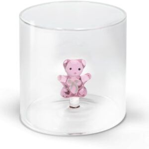 WD Lifestyle - Bicchiere in Vetro Borosilicato 250ml con Soggetto in Vetro Colorato Interno (Orsetto Rosa)