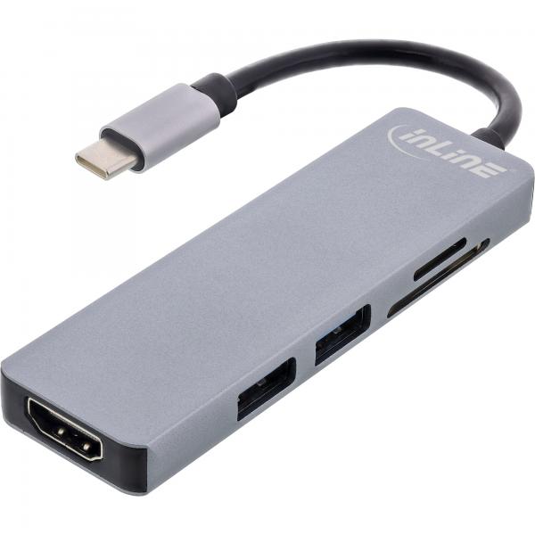InLine Multi-Hub USB 3.2 Gen.1 - 2x USB-A - HDMI 4K/30Hz - lettore di schede - alluminio - grigio