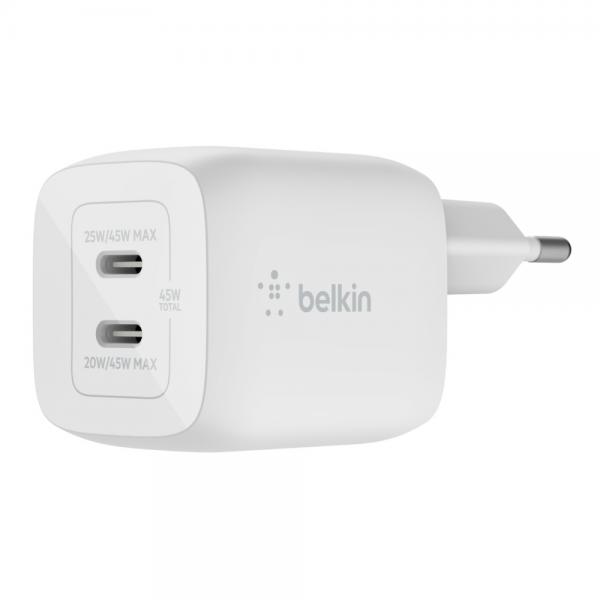 Belkin BoostCharge Pro GaN - alimentatore - Tecnologia PPS e GaN - 45 watt - Ricarica rapida, PD 3.0 - 2 porte di uscita (2 x USB-C)